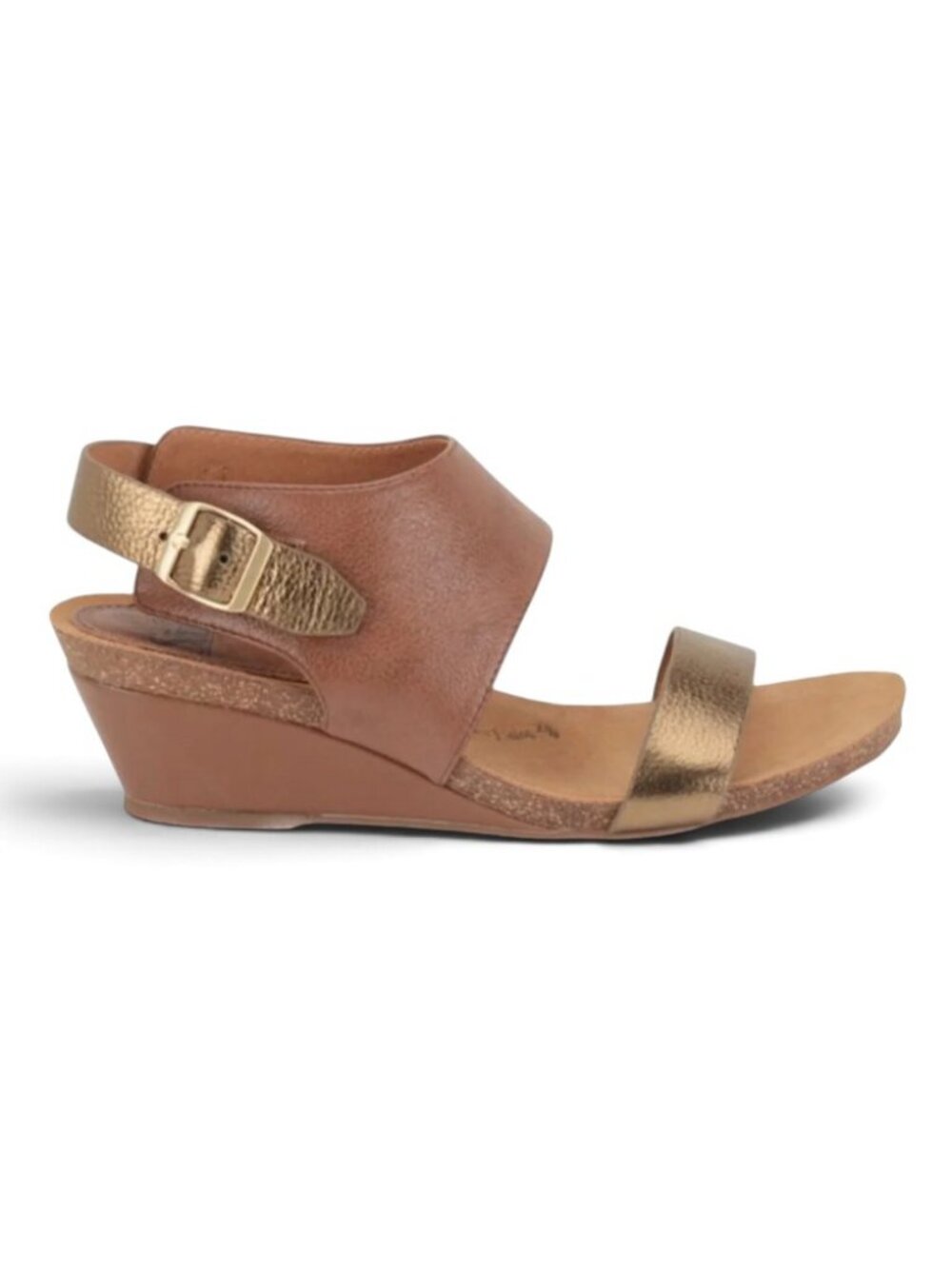 Sofft Vanita Brown and Gold Leather Wedge Heel Sandal